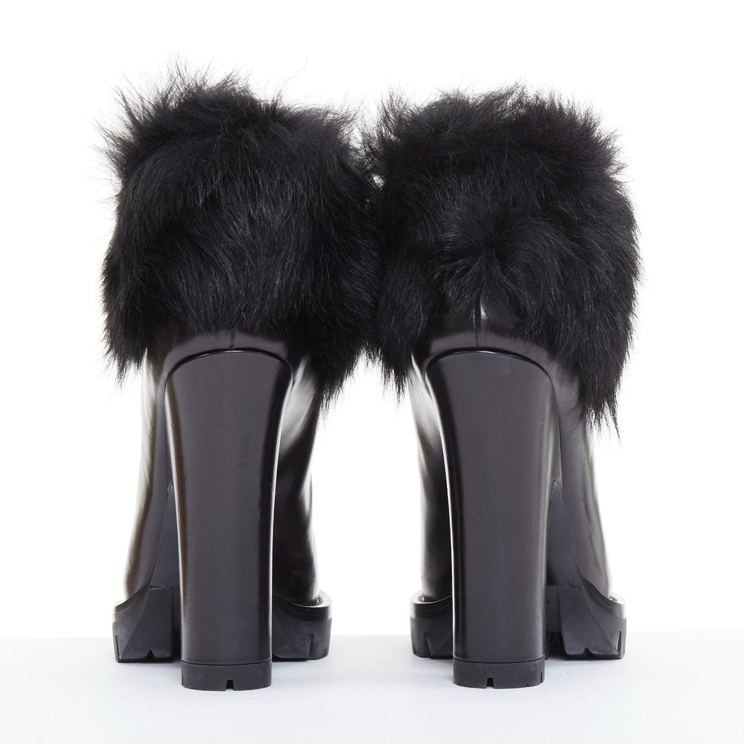 PRADA 2011 Calzature Donna black leather fur trim half wedged ankle boots EU