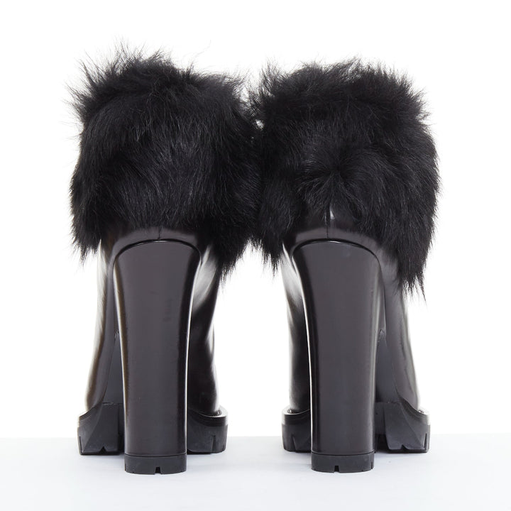 PRADA 2011 Calzature Donna black leather fur trim half wedged ankle boots EU