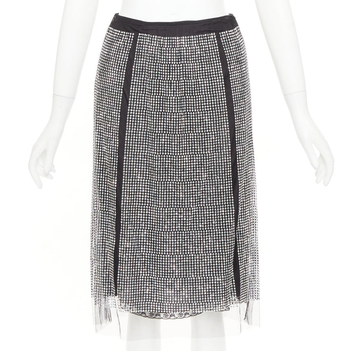 PRADA 2021 silver crystal black mesh triangle cut out lace trim skirt IT38 XS