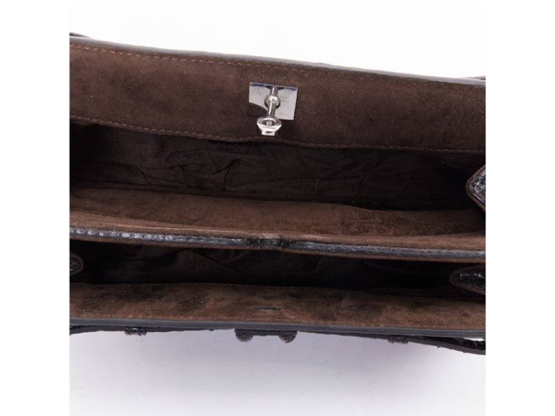 ZAGLIANI glossy black scaled leather framed turnlock evening clutch bag