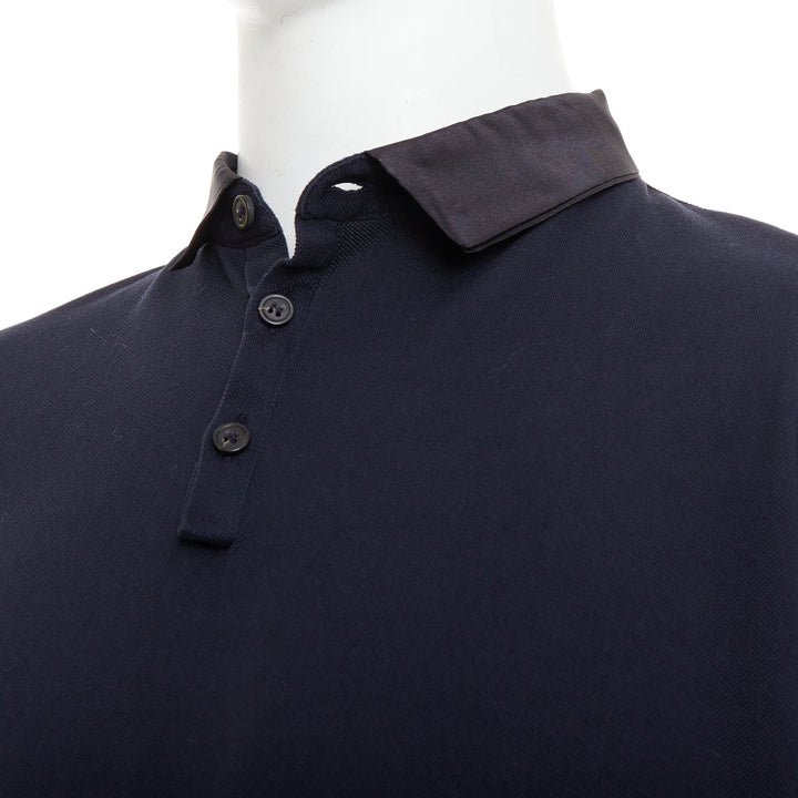LANVIN navy cotton black grosgrain collar trim short polo shirt M