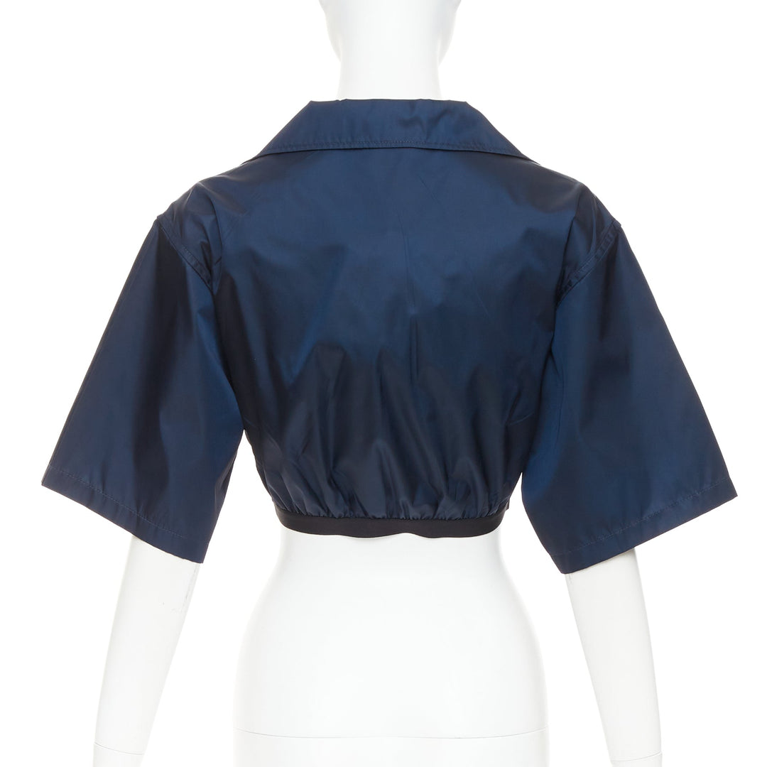 PRADA 2022 Re-Nylon navy blue white logo cropped boxy shirt IT38 XS