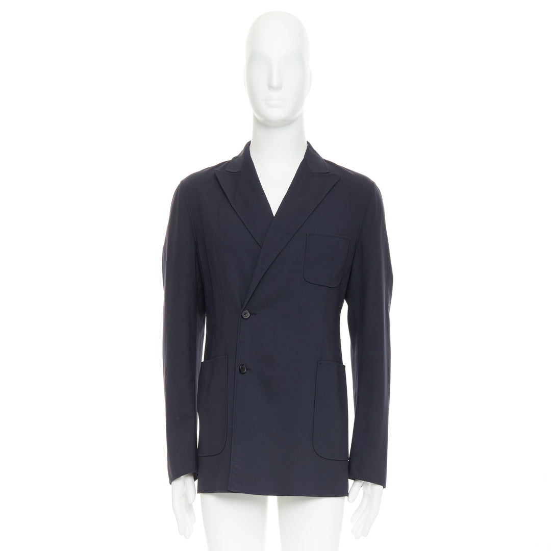 RAF SIMONS black virgin wool off centre buttons patch pocket long blazer IT48 M