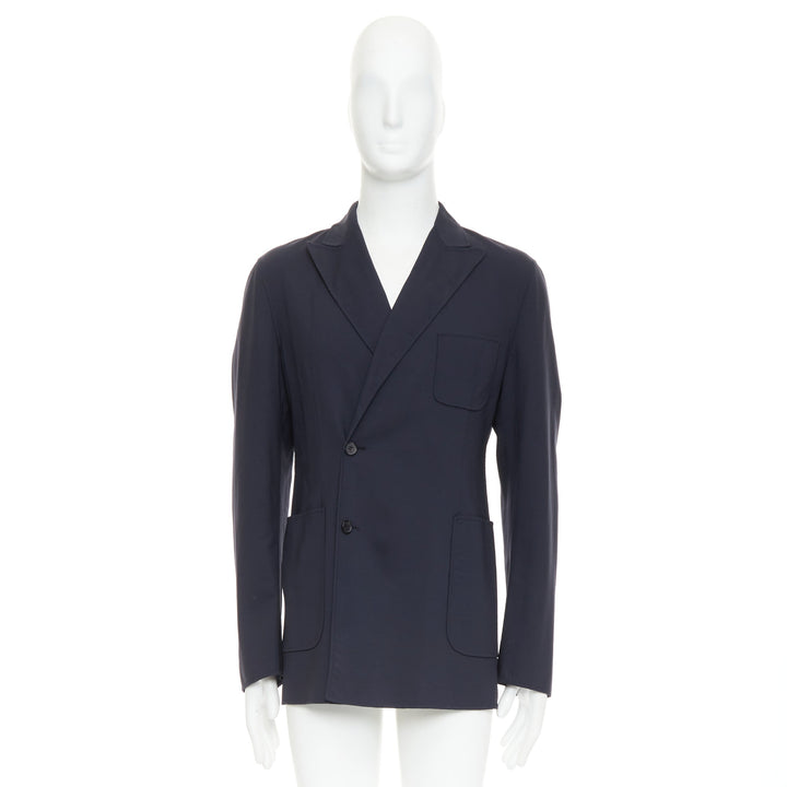 RAF SIMONS black virgin wool off centre buttons patch pocket long blazer IT48 M