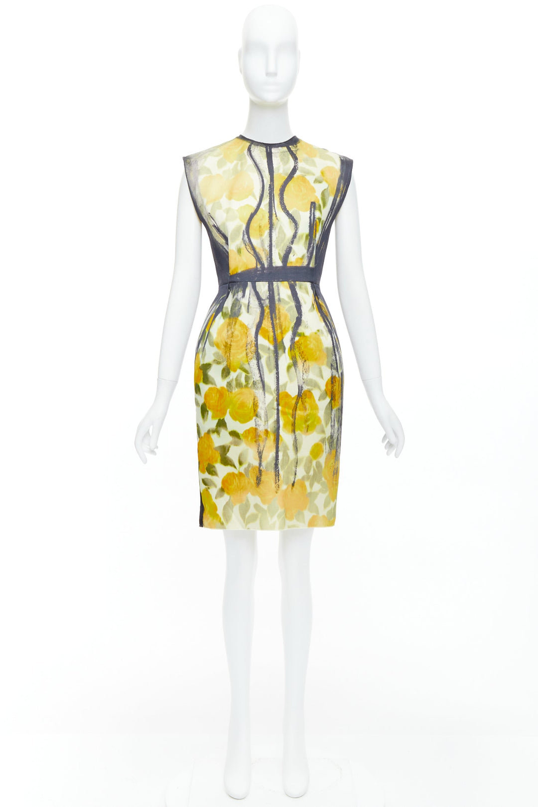 LANVIN Les 10 Ans yellow black cotton silk floral print dress FR36 S Emma Stone