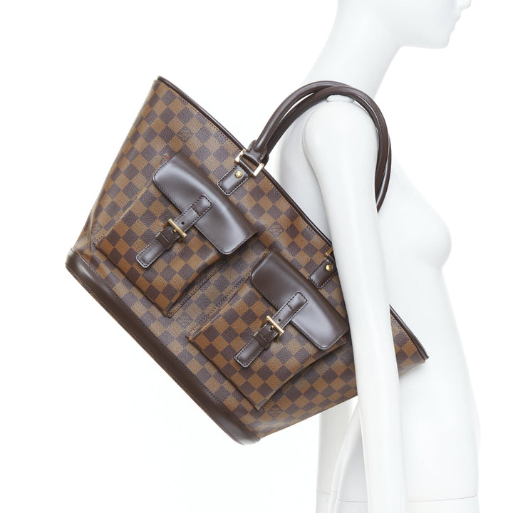 LOUIS VUITTON Manosque GM brown damier ebene canvas pocket satchel tote bag