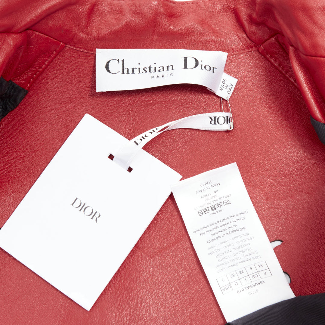 DIOR Royaume d'Amour red leather laser cut moto biker jacket FR34 XS