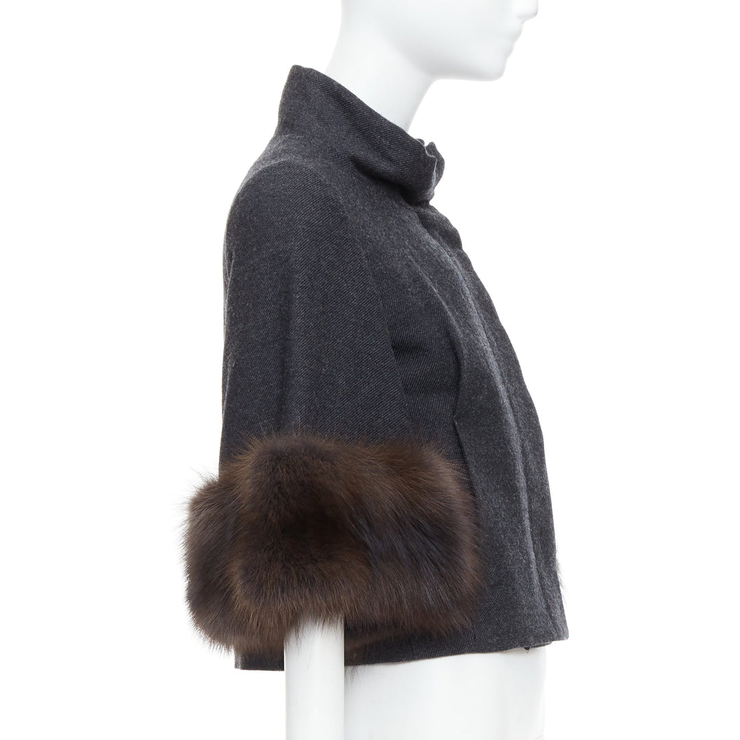 MARNI charcoal grey fur trim flare wool blend cropped jacket IT40 S