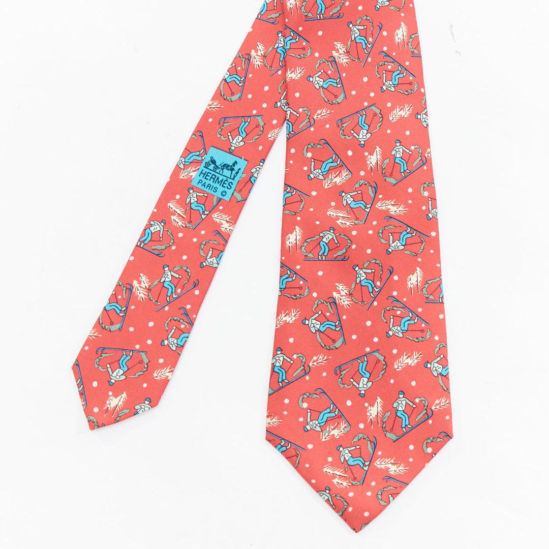 HERMES 7601 SA red blue blue skiier snow fall print silk tie