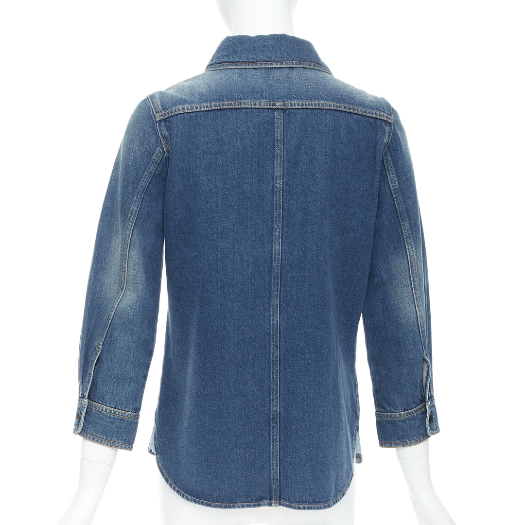 CHLOE blue washed denim cotton cropped sleeve over shirt FR38 M