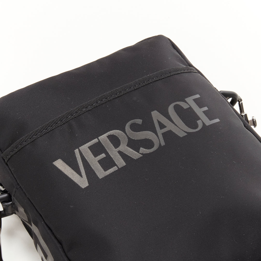 VERSACE La Greca Vintage 90s Logo print black nylon crossbody bag