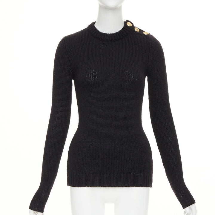 BALMAIN black mohair blend gold lion button crewneck long sleeve sweater FR34 XS