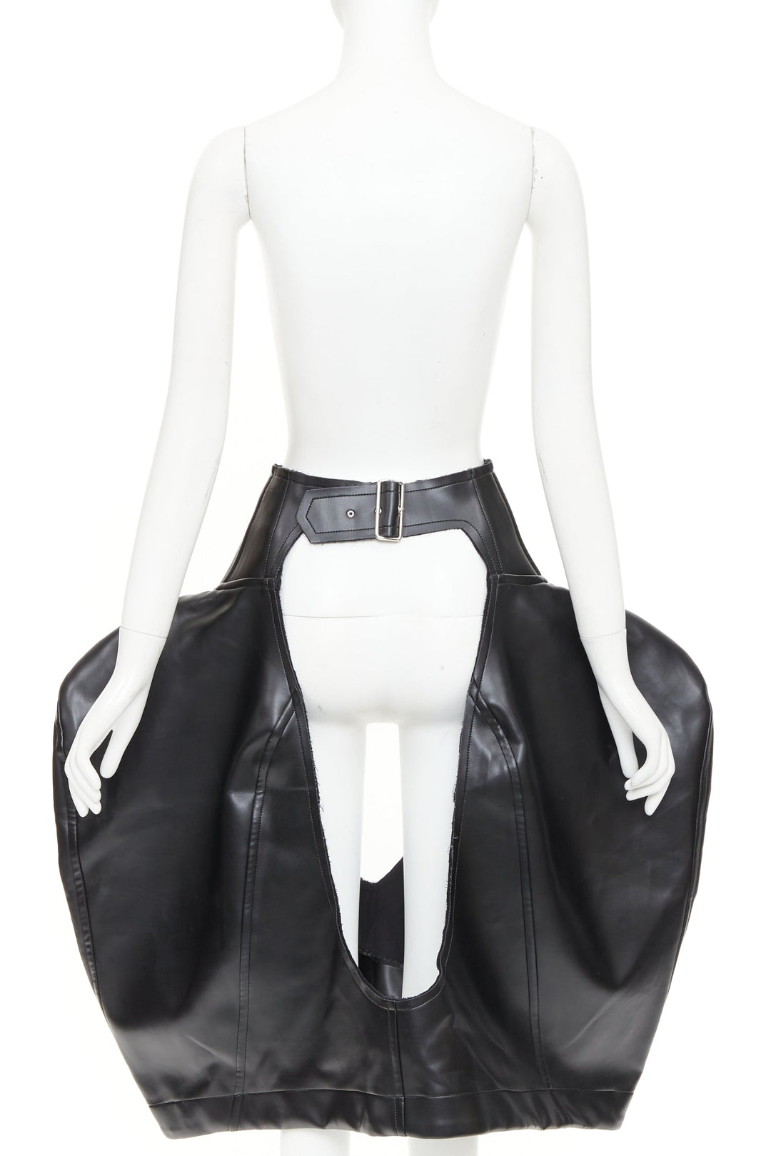 rare COMME DES GARCONS 2019 Runway black pleather cutout chaps pannier skirt M