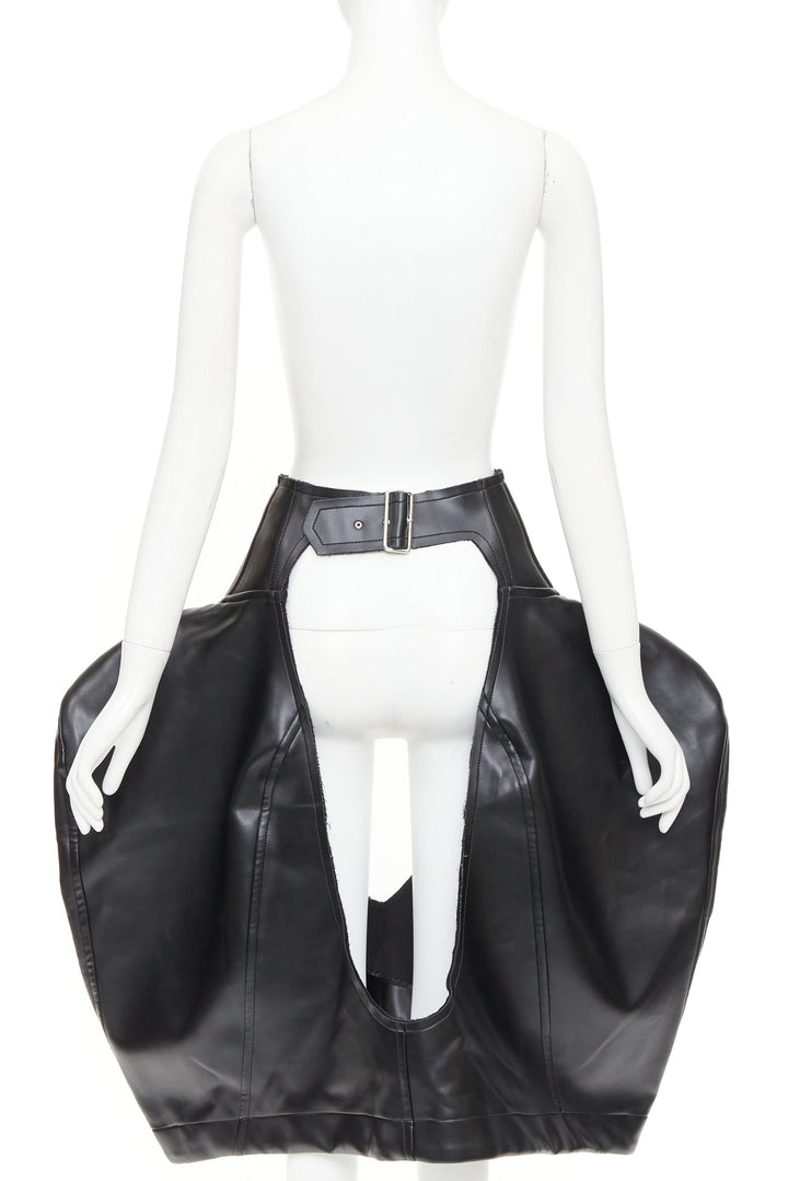 rare COMME DES GARCONS 2019 Runway black pleather cutout chaps pannier skirt M
