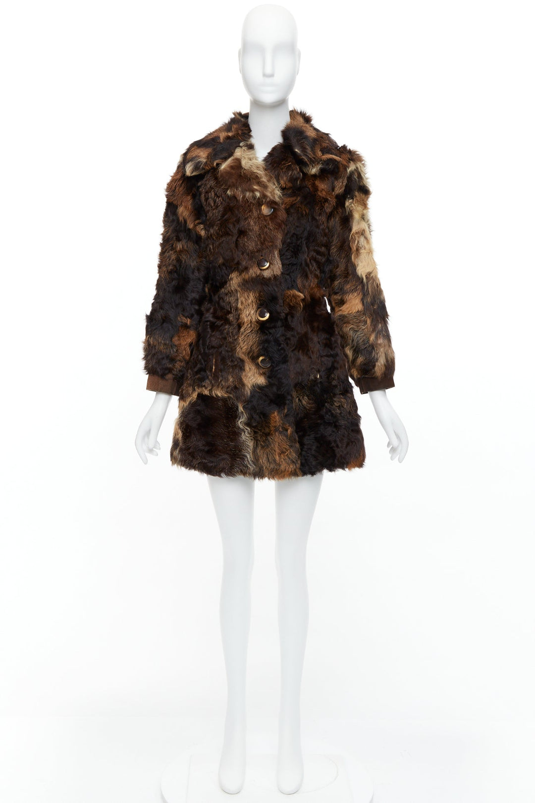 FRYLANE PARIS mixed texture brown genuine fur large button front leather coat