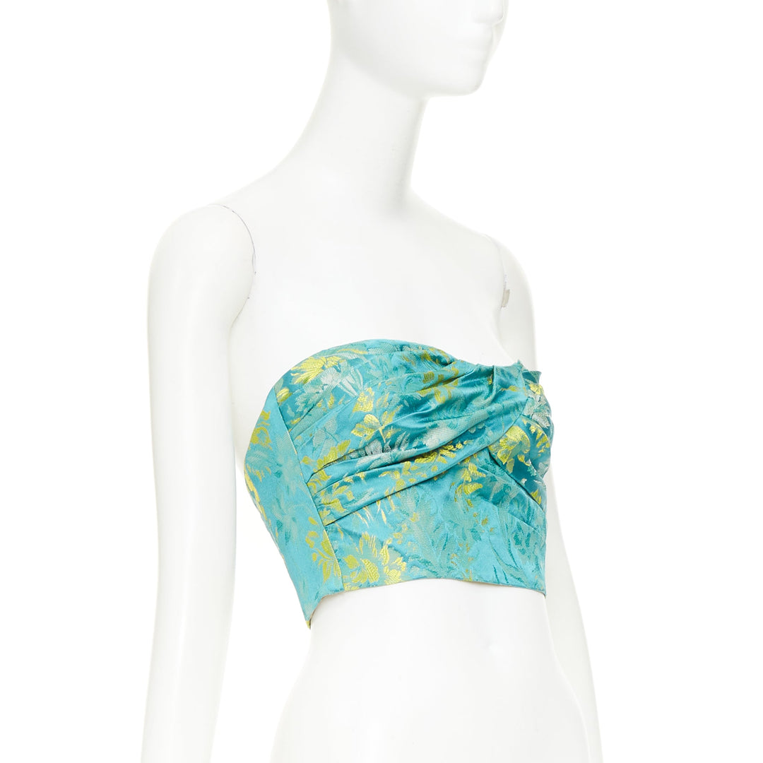 PRADA 2018 green yellow silk floral jacquard ruched corset bandeau top IT38 XS