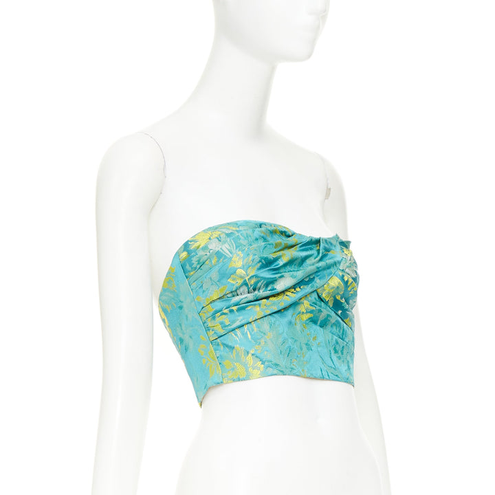PRADA 2018 green yellow silk floral jacquard ruched corset bandeau top IT38 XS