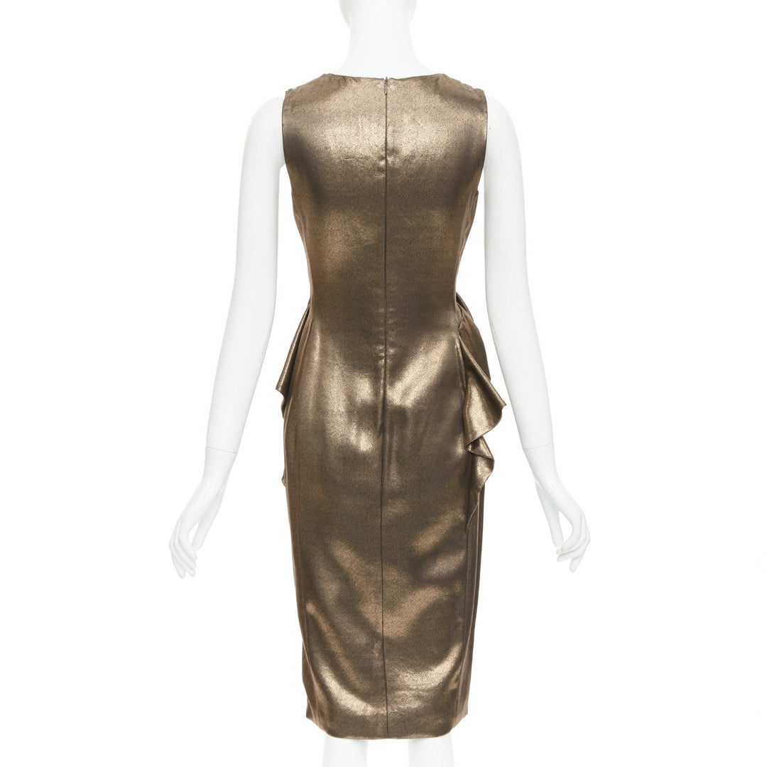 MOSCHINO rustic metallic gold draped peplum V-neck midi cocktail dress IT40 S