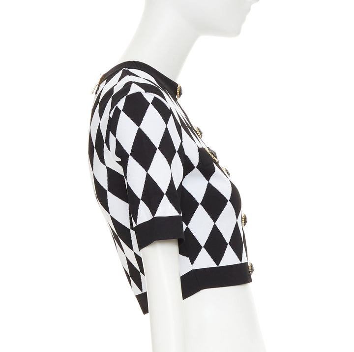 BALMAIN 2022 Harlequin black white diamond check gold lion buttons crop top FR36