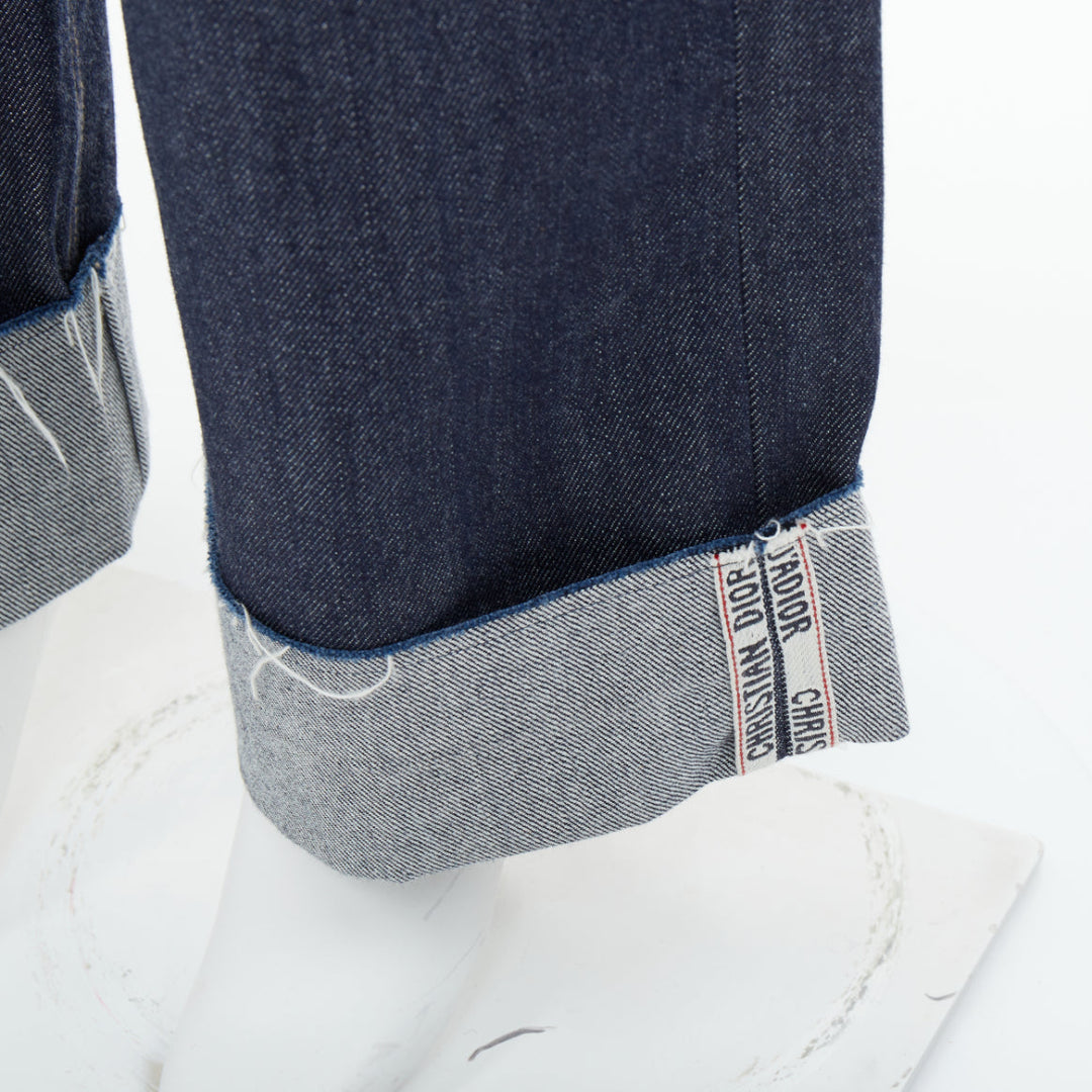 CHRISTIAN DIOR oblique cuffed dark blue raw denim straight overalls FR36 S