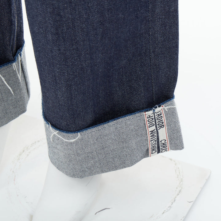CHRISTIAN DIOR oblique cuffed dark blue raw denim straight overalls FR36 S