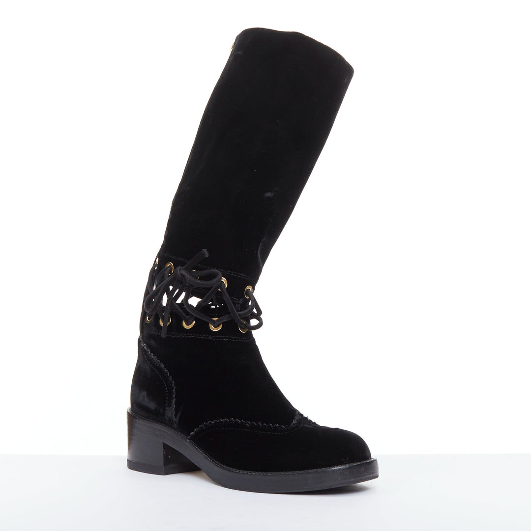 CHANEL 2016 Runway black velvet CC cap toe First Corset laced riding boots EU37