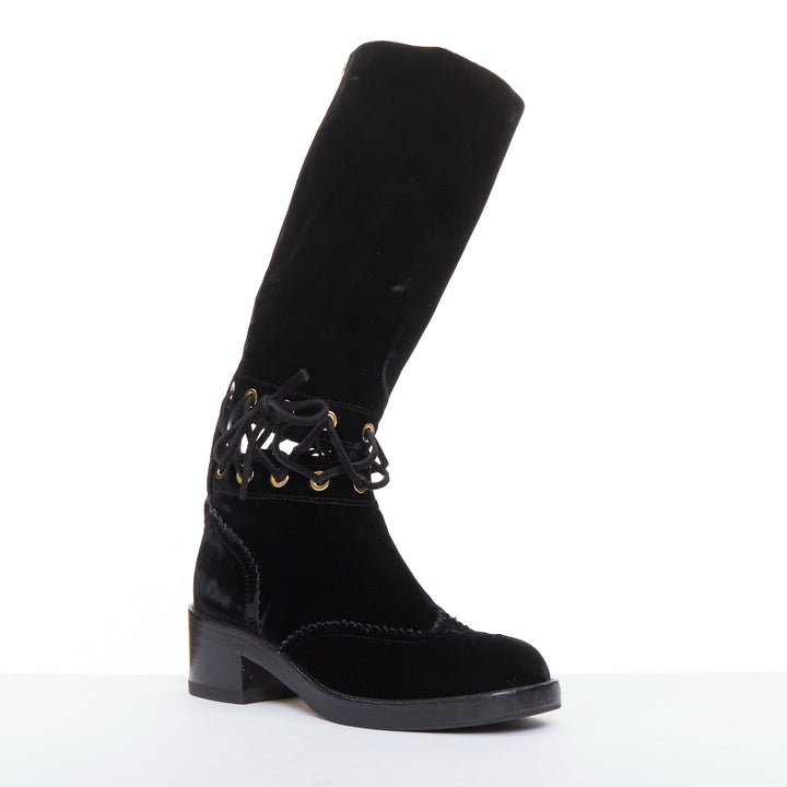 CHANEL 2016 Runway black velvet CC cap toe First Corset laced riding boots EU37