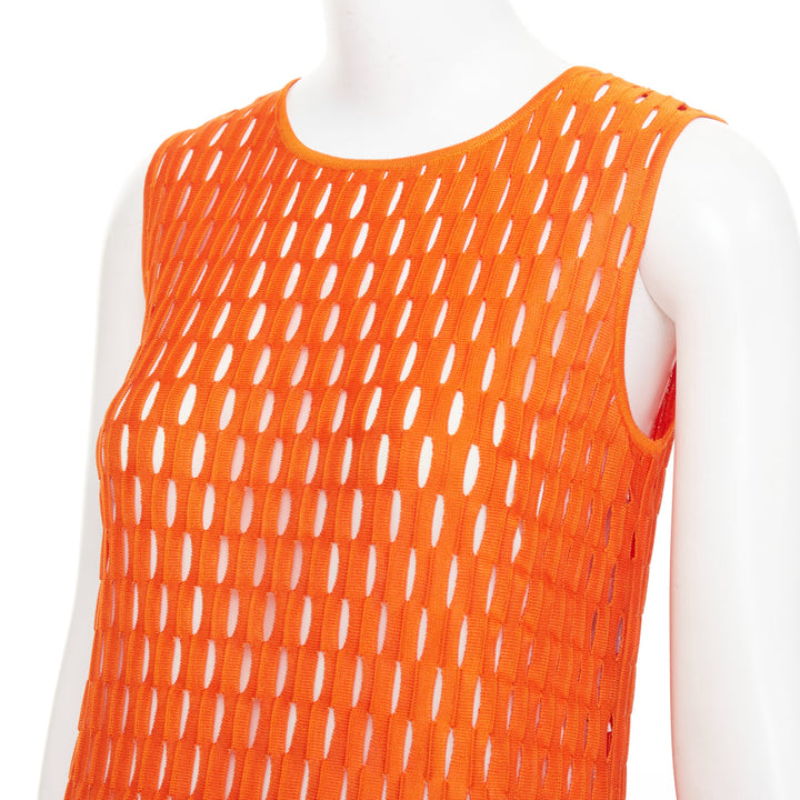 DIOR orange viscose blend perforated knit cream silk line fit flare dress FR38 M