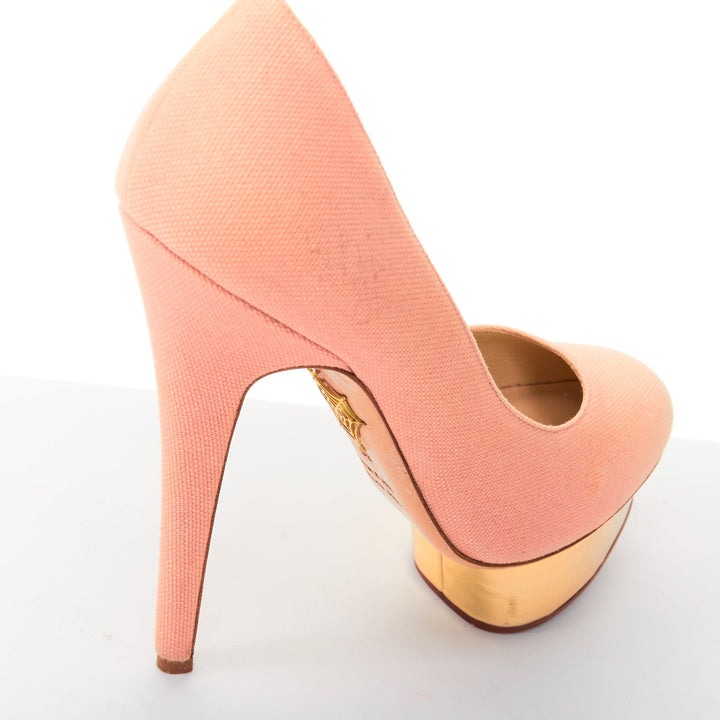 CHARLOTTE OLYMPIA Dolly beige canvas gold island metallic platform pumps EU36