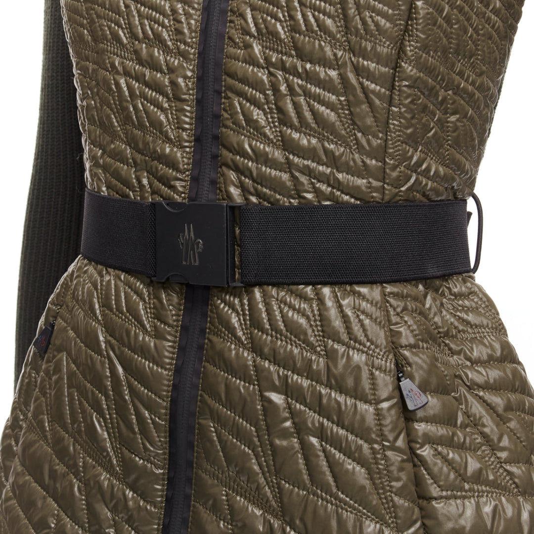 MONCLER navy green quilted front ribbed sleeves belted fitted puffer jacket XS