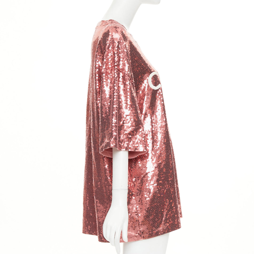 CELINE 2022 Runway rose pink white sequin logo oversized jersey tshirt M