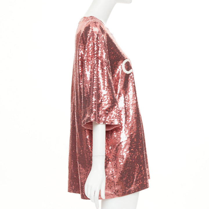 CELINE 2022 Runway rose pink white sequin logo oversized jersey tshirt M
