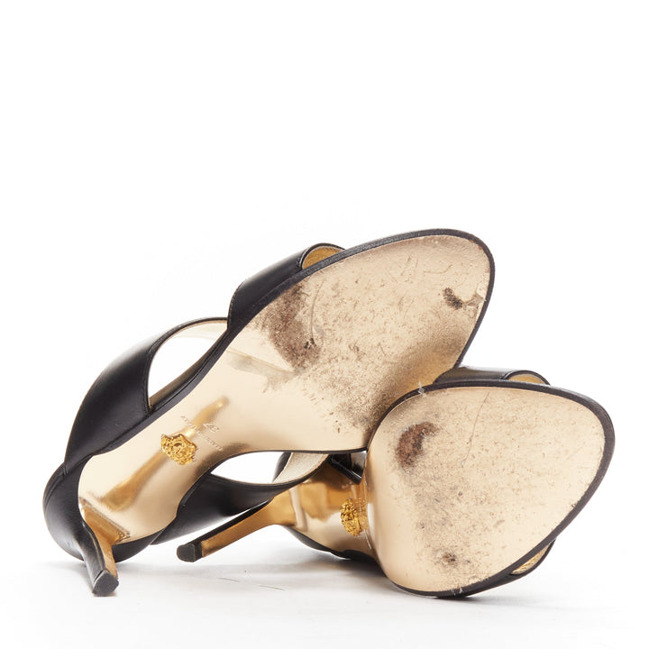 VERSACE Tribute gold Medusa buckle black double strap heel mule sandals EU37