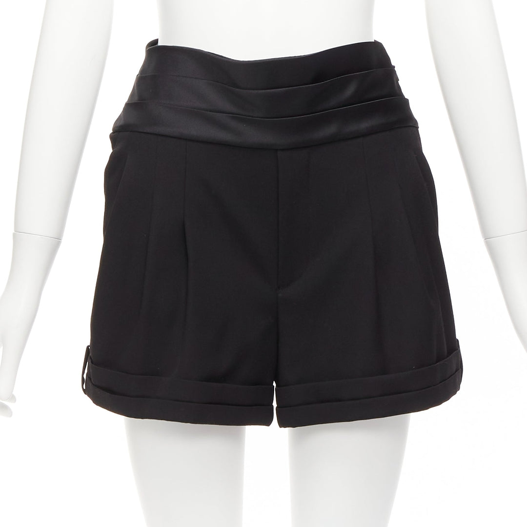 SAINT LAURENT 2019 black virgin wool cumberband high waist shorts FR36 S