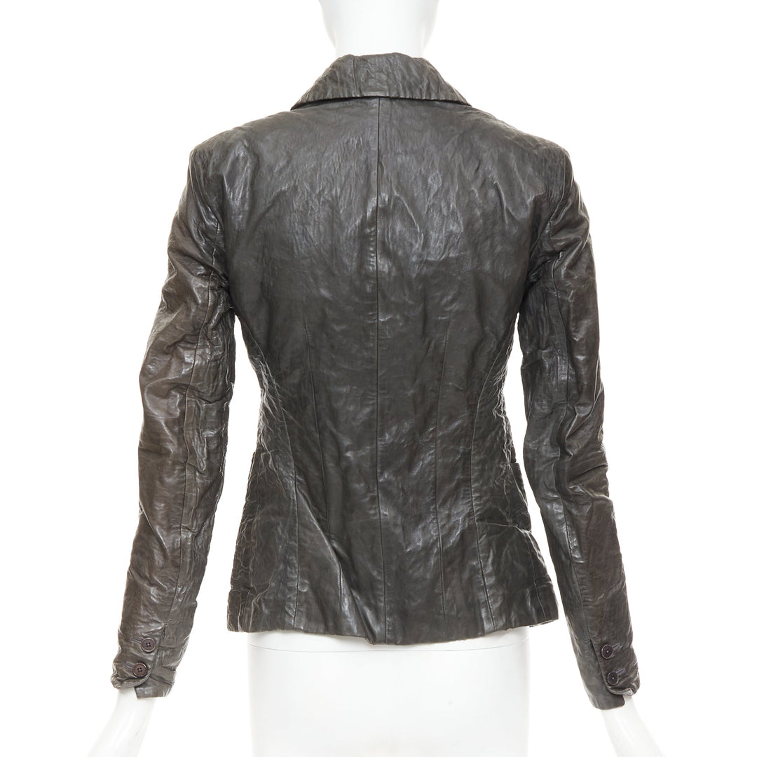 DONNA KARAN dark taupe crinkled lambskin leather blazer jacket IT38 XS