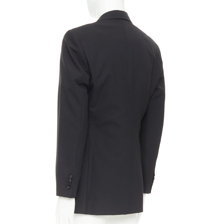 HERMES black wool blend satin peak lapel logo silk lined tuxedo blazer EU50 L