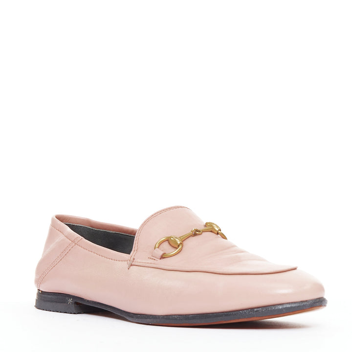 GUCCI Briton pink leather gold horsebit flat classic loafers EU36.5