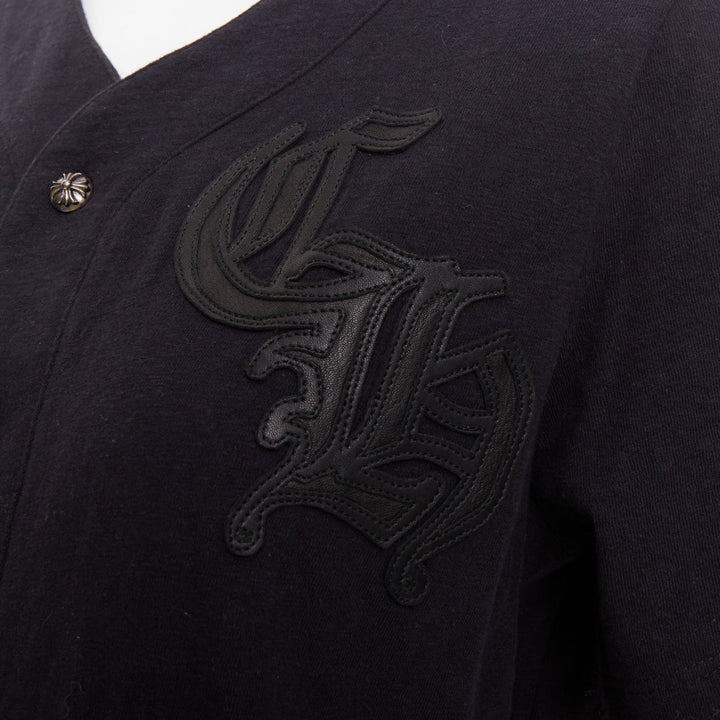 CHROME HEARTS black cotton CH leather patch silver cross button baseball shirt S