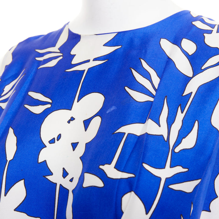 MARNI eletric blue white 100% silk abstrct floral pleated sheath dress IT42 M