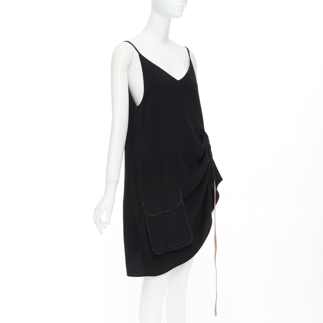 LOEWE black crepe brown anagram leather gathered side dress XS