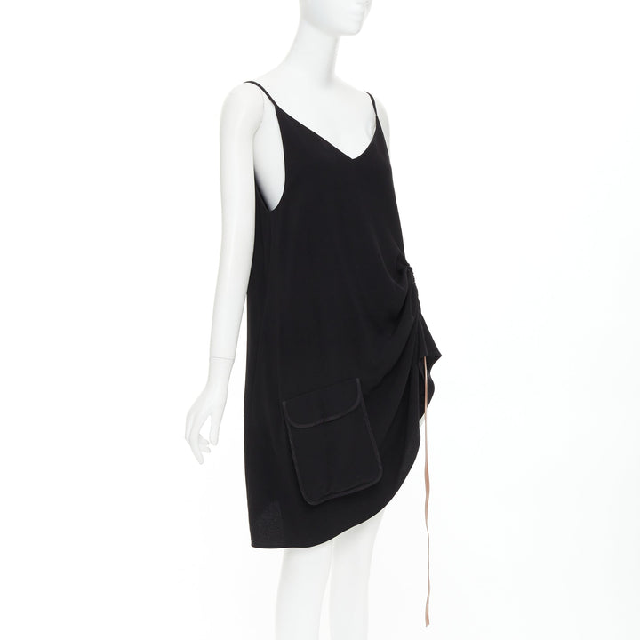 LOEWE black crepe brown anagram leather gathered side dress XS