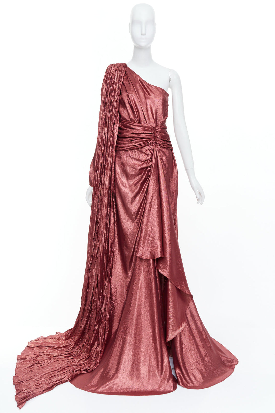 GUCCI 2019 bronze silk blend lame one shoulder asymmetric cape train gown IT40 S