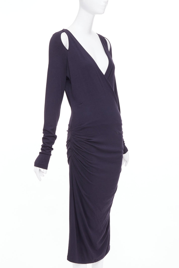 DONNA KARAN charcoal grey cold shoulder plunge V neck long sleeve dress L