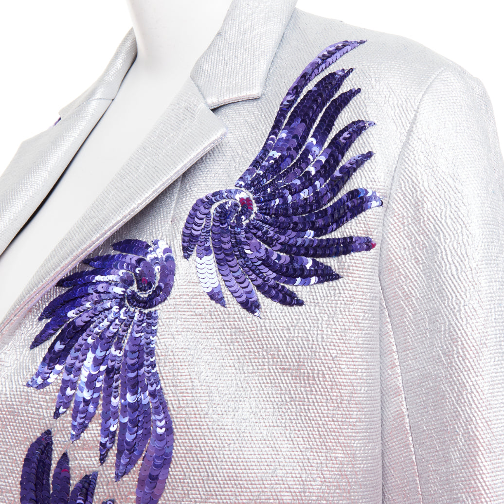 DRIES VAN NOTEN 2016 Runway metallic silver purple sequin wing blazer FR34 XS