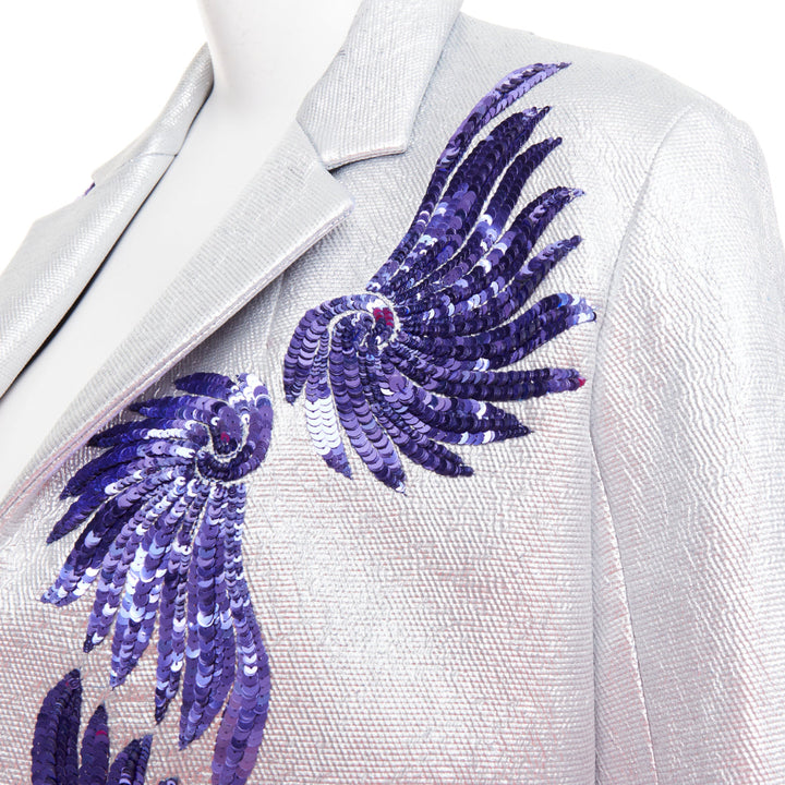 DRIES VAN NOTEN 2016 Runway metallic silver purple sequin wing blazer FR34 XS