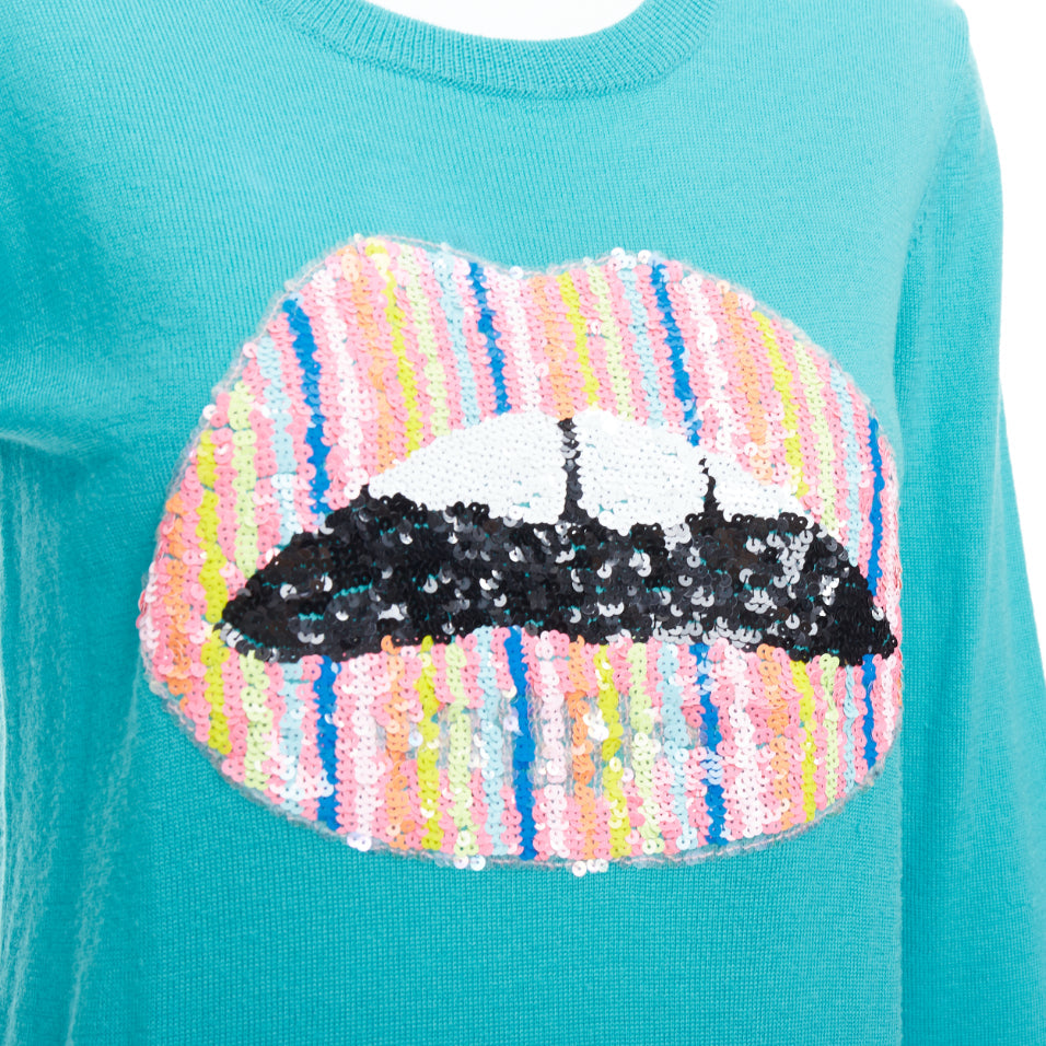 MARKUS LUPFER teal merino wool multicolor sequin lip sweater S