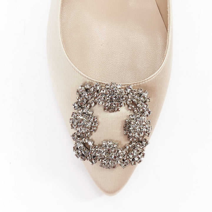 MANOLO BLAHNIK Hangisi beige satin crystal buckle pointy flats EU38.5