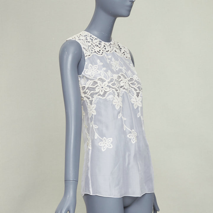 DOLCE GABBANA white beige silk cotton floral embroidered lace crew top IT36 XXS