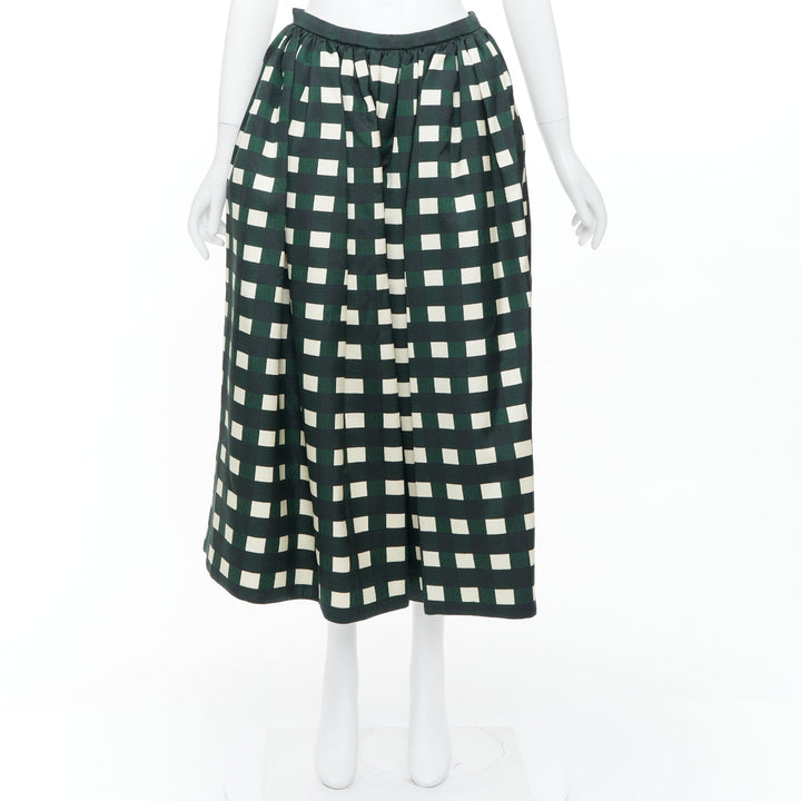 PRADA 2022 Runway green cream check print silk wool full midi skirt IT40 S