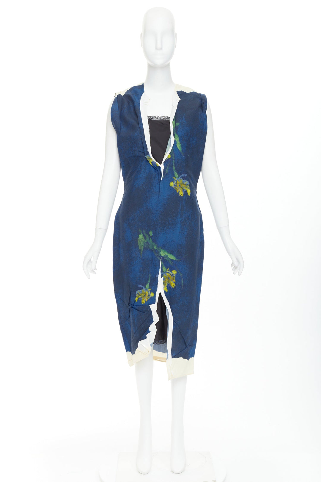 PRADA 202 Runway navy blue yellow paper viscose crinkled floral dress IT38 XS